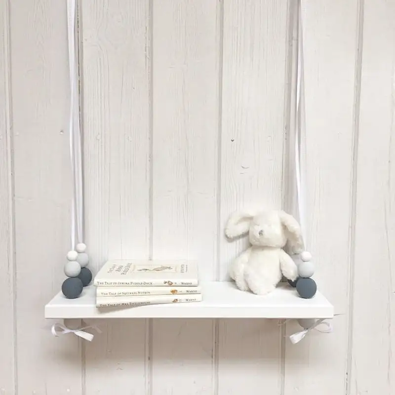 Nursery Decor | Nordic Style Shelf | Hanging Bead  with  Wood Wall Shelf with Metal Shelf