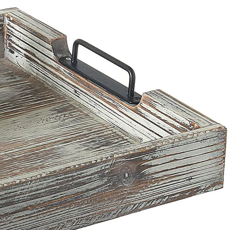 Distressed Torched Antique with Modern Black Metal Handles Wood 20-Inch Serving Tray