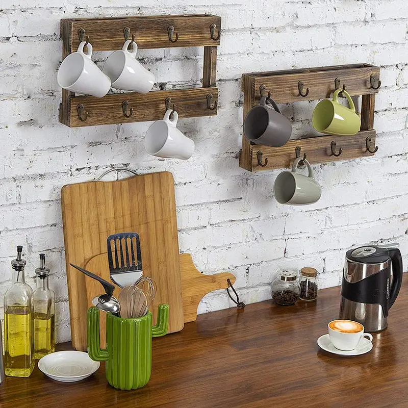 Wall-Mounted Burnt Wood 8-Hook Coffee Mug Hanging Rack, Set of 2