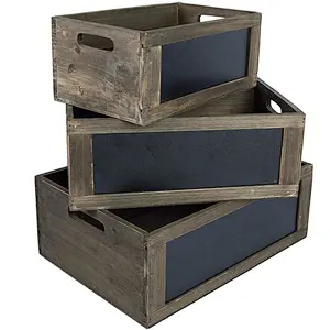 Gift Rustic Brown Wood Nesting Storage Crates with Chalkboard Front Panel and Cutout Handles, Set of 3,wooden boxes