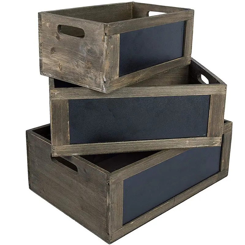 Gift Rustic Brown Wood Nesting Storage Crates with Chalkboard Front Panel and Cutout Handles, Set of 3,wooden boxes
