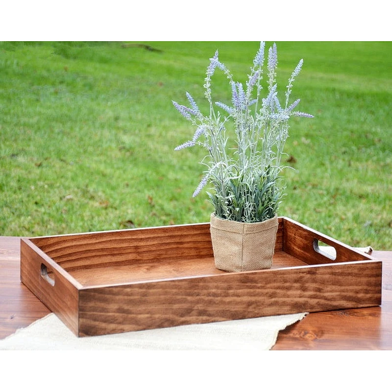 Wood tray, Rustic Solid Wood Tray Farmhouse Breakfast  Serving Coffee Table Tray