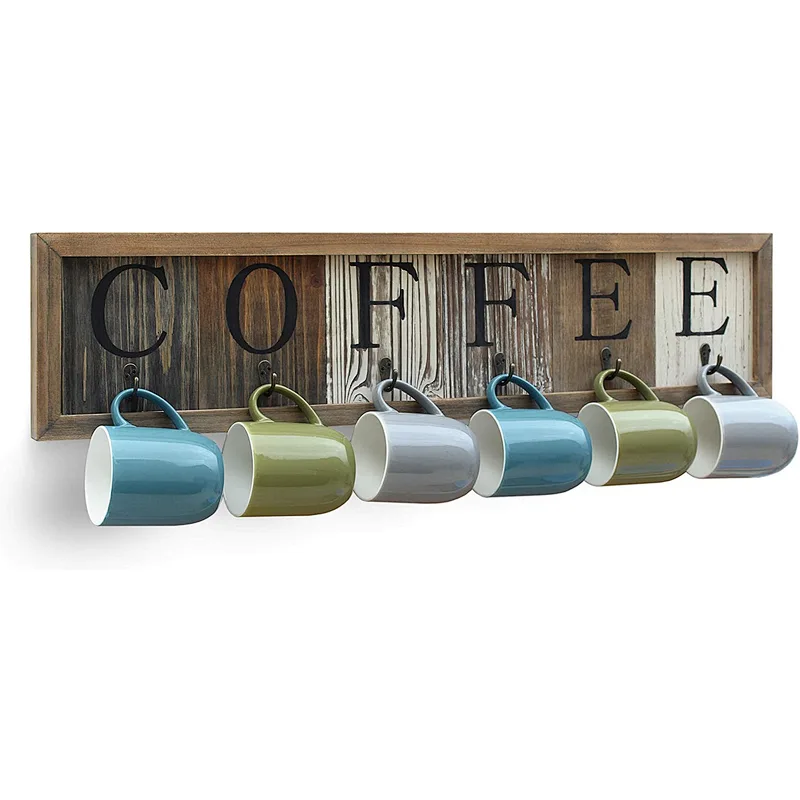 Creations Rustic Coffee Mug Rack Wall Mounted, Printed Coffee Sign - 6 Coffee Cup Hooks