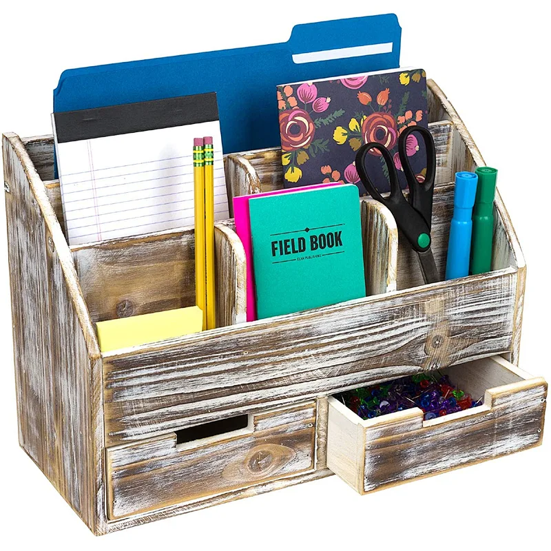Vintage Rustic Wooden Office Desk Organizer & Mail Rack for Desktop Tabletop  or Counter   Distressed Torched Wood