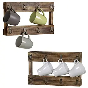 Wall-Mounted Burnt Wood 8-Hook Coffee Mug Hanging Rack, Set of 2
