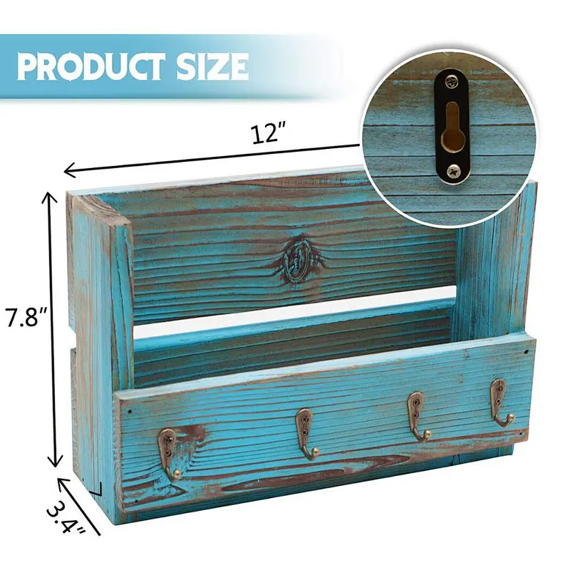 Wall Mount Mail Holder Wood Rustic Key Envelope Organizer with 4 Hooks for Entryway, Mudroom, Office, Kitchen