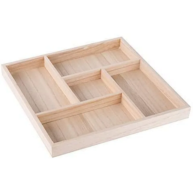 Five Sections Wooden Tray - Square Wood Serving Tray with Five Unique Designed Compartments