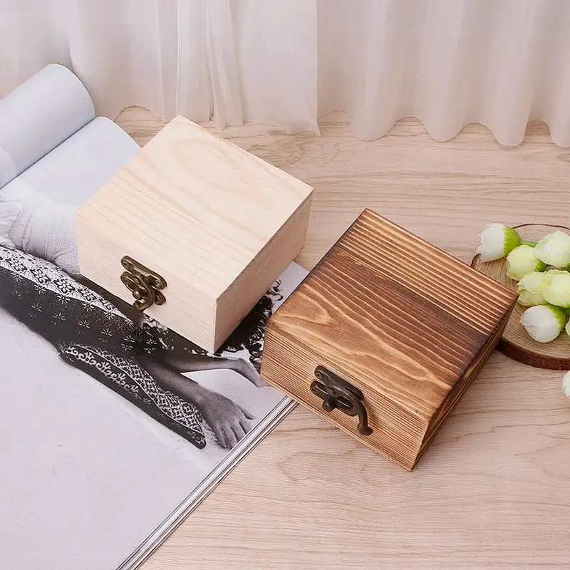 Blank Unfinished Square Wooden Box With Lid and Clasp 2 colors