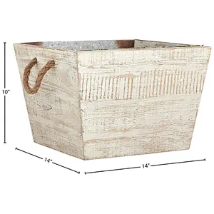 Modern Farmhouse Wood Decor Storage Bin Basket, 14 Inch, White Washed,wooden boxes