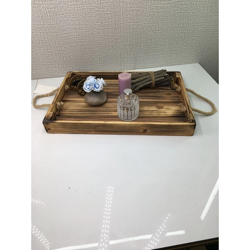 19.6-Inch Square Rustic Torched Wood Ottoman Tray