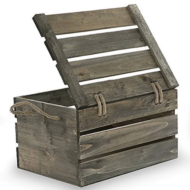Receive a box-The Lucky Clover Trading Antique Wood Crate Storage Box with Swing Lid