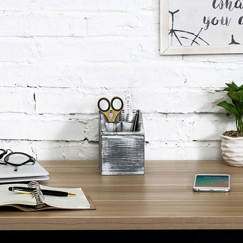 Vintage Gray Wood 4 Slot Pen & Pencil Holder Box