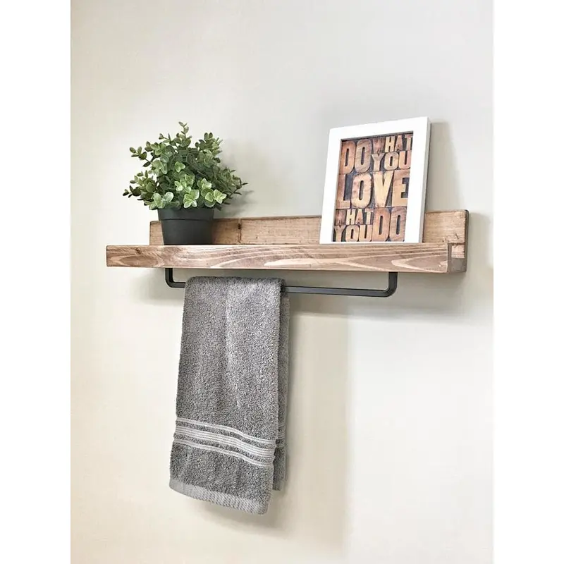 Rustic wood floating wall shelves bathroom shelf with hooks wall mounted deep wall shelf