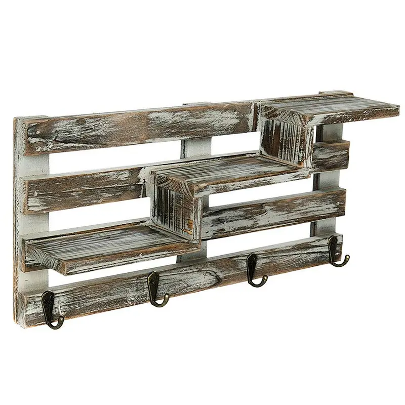 Rustic unfinished wholesale cheaper delicate personalized customTorched Wood Wall Mounted Entryway Organizer Display Shelf Rack