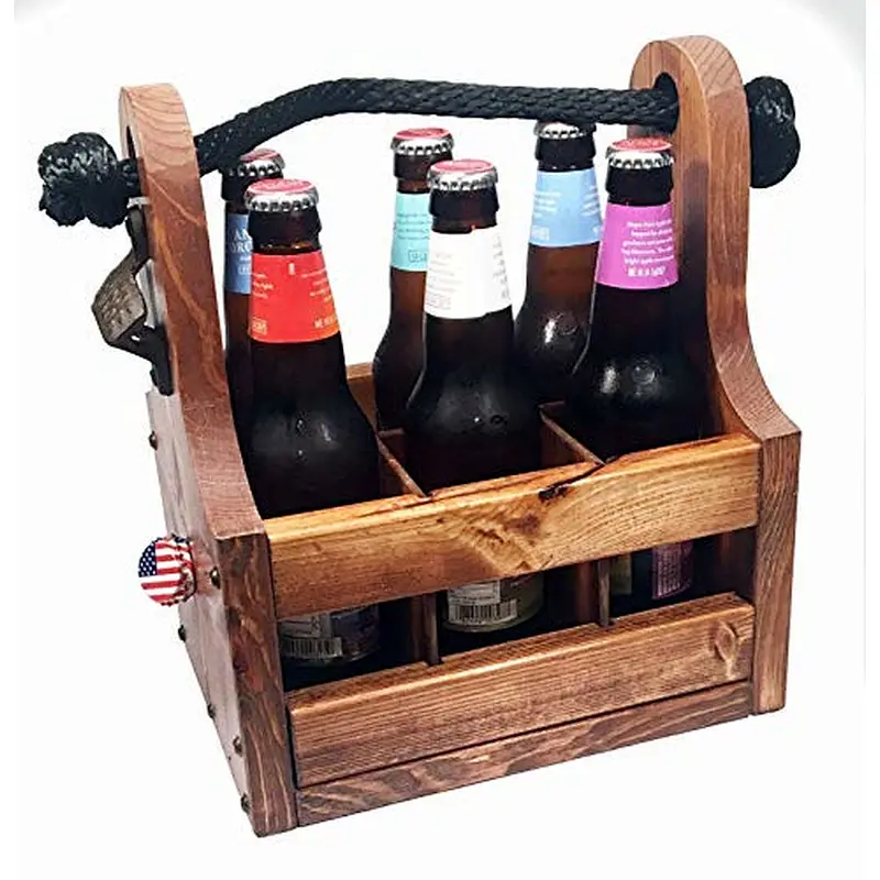 Personalized Wood Beer Caddy with Bottle Opener and Magnetic Bottle Cap Catcher. Handmade Rustic Wooden Six Pack Tote/Carrier