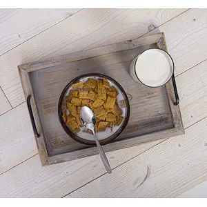 Country vintage food tray (2-piece set) | brown and white wash nested wooden strap metal handle 2020