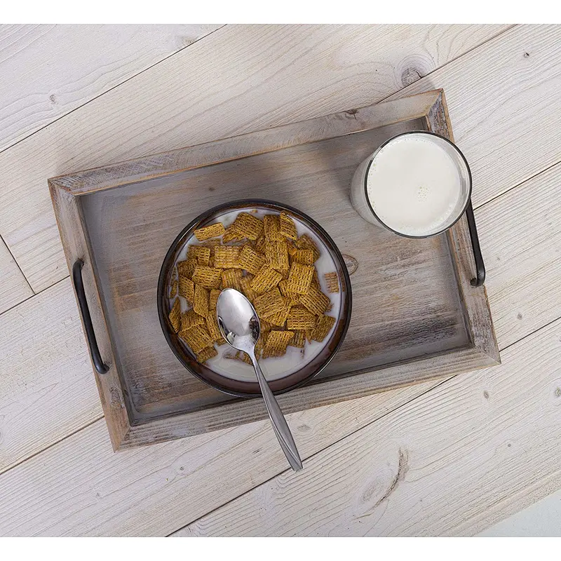 Country vintage food tray (2-piece set) | brown and white wash nested wooden strap metal handle 2020
