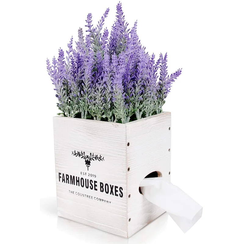Rustic Tissue Box Cover Farmhouse Tissue Box Holder with Faux Lavender Arrangement