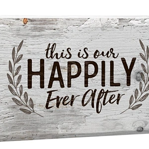 This is Our Happily Ever After Laurel Wreath White 4 x 5 Inch Solid Pine Wood Barnhouse Block Sign