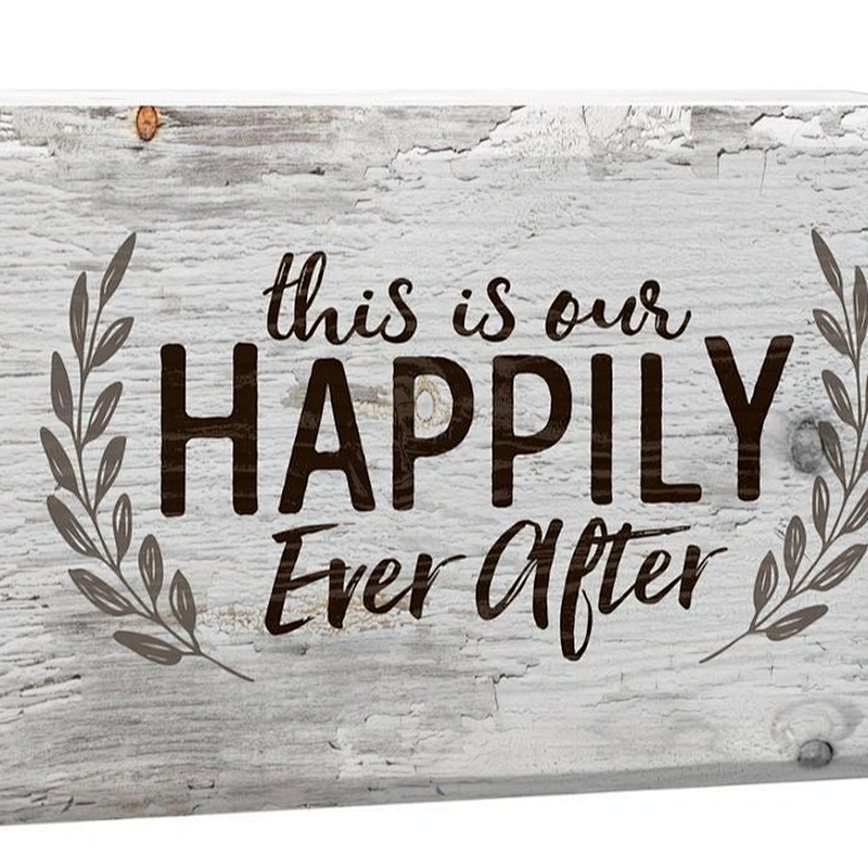 This is Our Happily Ever After Laurel Wreath White 4 x 5 Inch Solid Pine Wood Barnhouse Block Sign