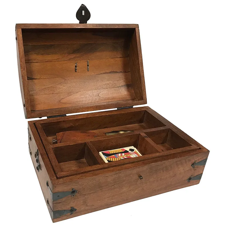 Vintage Traveling Mango & Teak Wood Chest including Travel Accessories For Sale