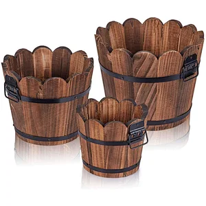 Wooden Bucket Barrel Planters Rustic Patio Planters Flower Pots for Plants Garden Outdoor Indoor Decor  Set of 3