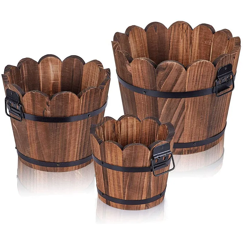 Wooden Bucket Barrel Planters Rustic Patio Planters Flower Pots for Plants Garden Outdoor Indoor Decor  Set of 3
