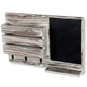 Torched Wood Wall-Mounted Mail Organizer with Chalkboard  key holder