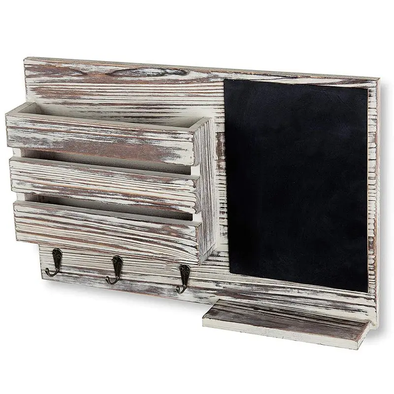 Torched Wood Wall-Mounted Mail Organizer with Chalkboard  key holder