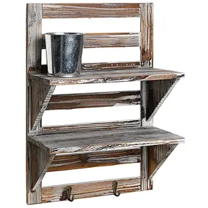 Rustic Wood Wall Mounted Organizer Shelves w/ 2 Hooks for bathroom