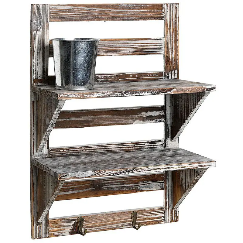 Rustic Wood Wall Mounted Organizer Shelves w/ 2 Hooks for bathroom
