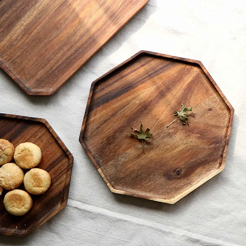 Wooden tray,Set of 2 Wooden Octagon Square Trays Serving Bread Plates for Fruit Salad Platter Vegetable
