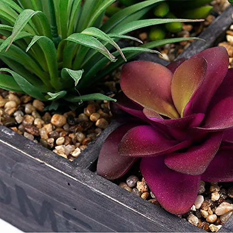 Potted Artificial Succulent Plants in Rustic Wooden Planter Box with Rope Handles