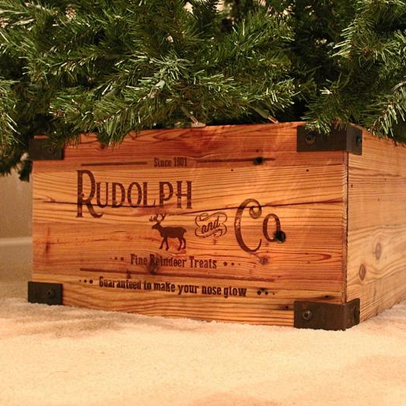 Christmas Tree Box Skirt Replacement Wood Crate  Heart Pine  Reindeer Treats Label