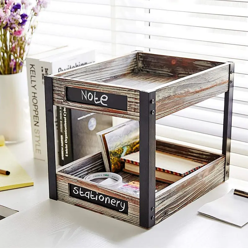 2 Tier Industrial Style Torched Wood Desktop Document Tray, Paper File Holder with Chalkboard Labels