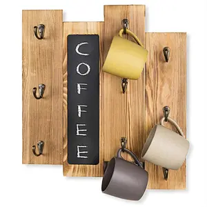 9-Hook Torched Wood Wall-Mounted Coffee Mug Rack with Chalkboard