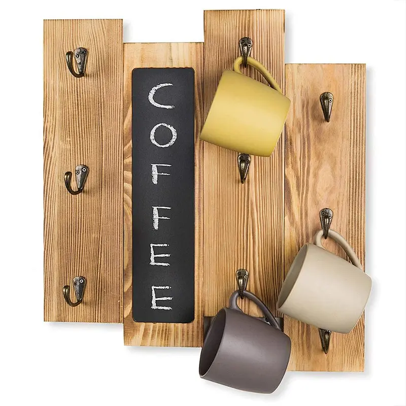 9-Hook Torched Wood Wall-Mounted Coffee Mug Rack with Chalkboard