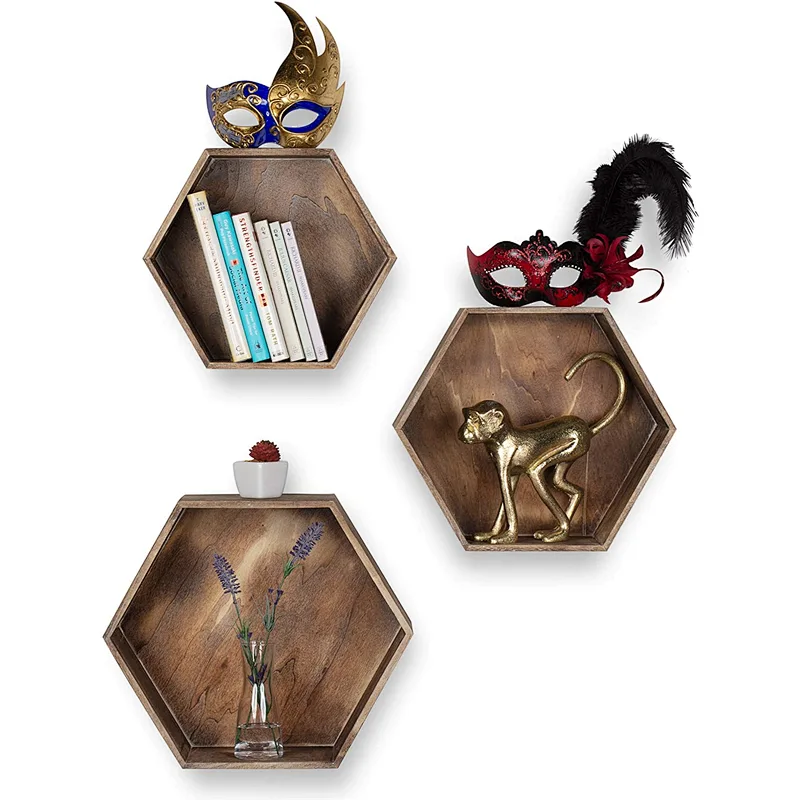 Rustic Wall Mounted Hexagonal Floating Shelves  Set of 3  Large