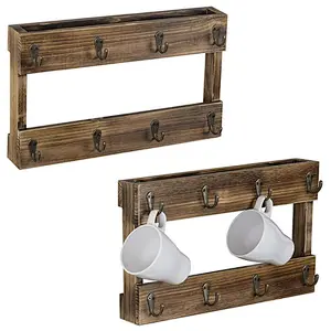 Wall-Mounted Burnt Wood 8-Hook Coffee Mug Hanging Rack, Set of 2