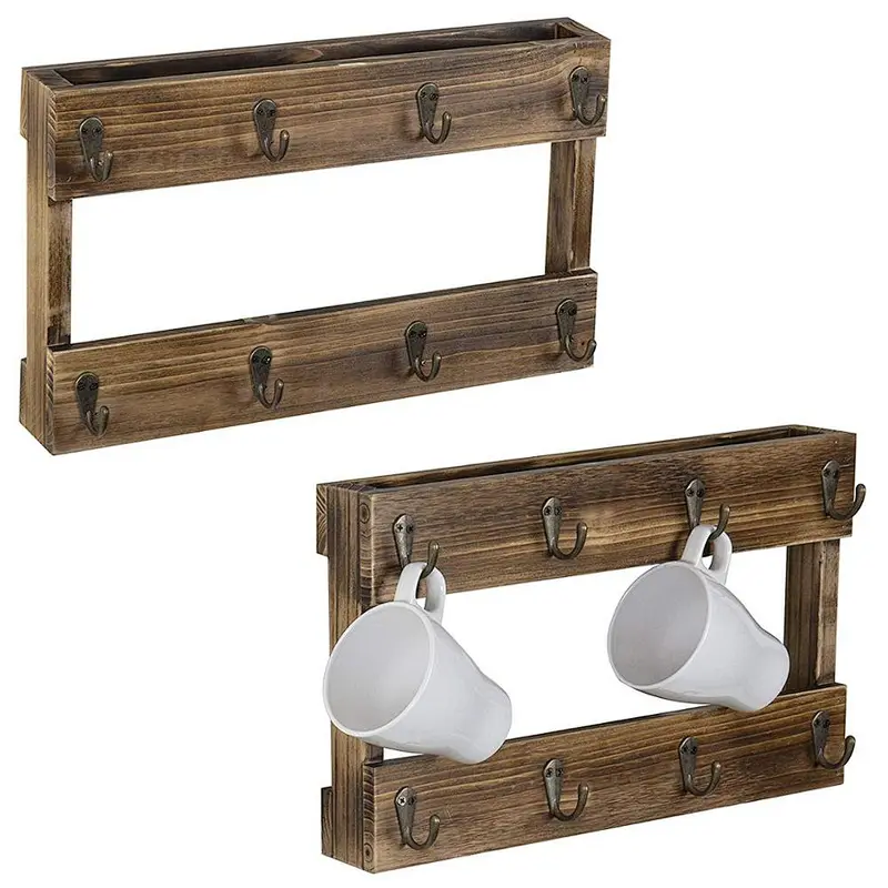 Wall-Mounted Burnt Wood 8-Hook Coffee Mug Hanging Rack, Set of 2