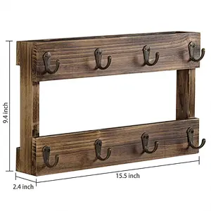 Wall-Mounted Burnt Wood 8-Hook Coffee Mug Hanging Rack Set of 2