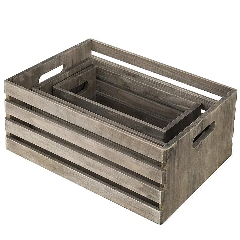 Set of 3 Nesting Barnwood Gray Storage Crates with Cutout Handles