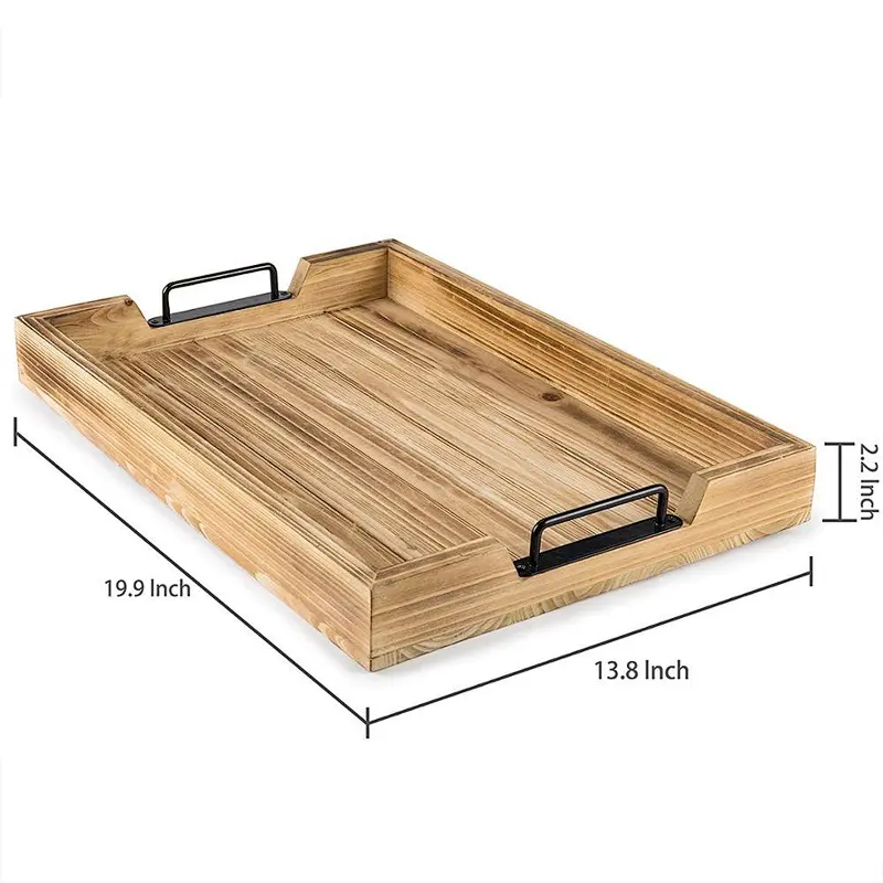 Light Torched Barnwood 20-Inch Serving Tray with Modern Black Metal Handles