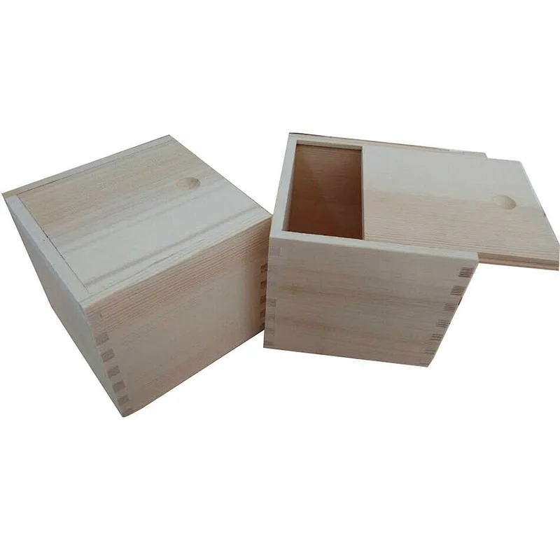 wooden semi-finished product small customized rustic style cheap  wooden  storage cratebox, slide top - square gift box filling