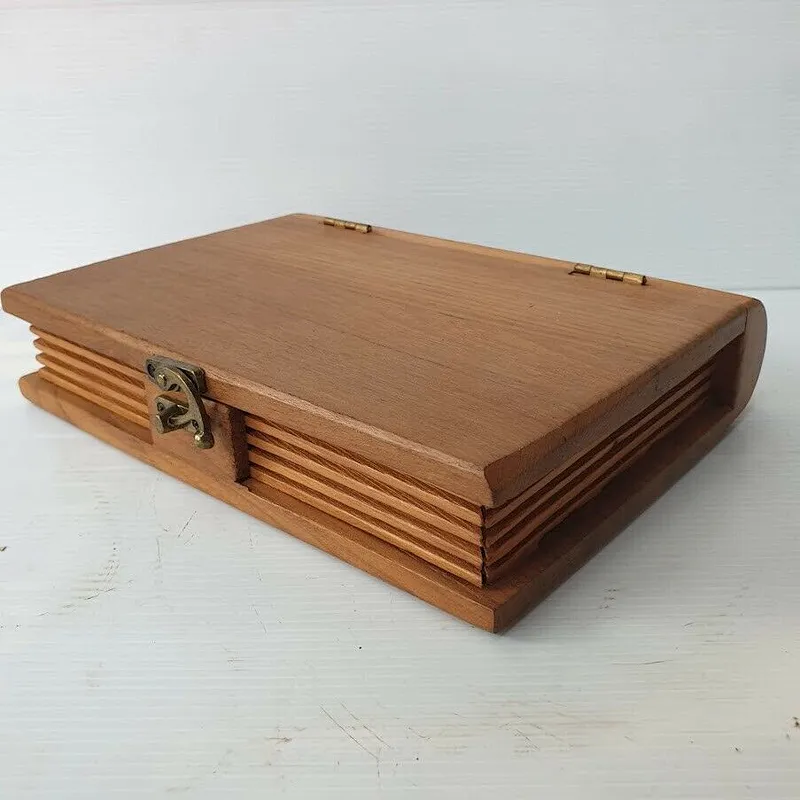 Box Wood Wooden Vintage Storage Craft Trinket Handmade  Book Shaped