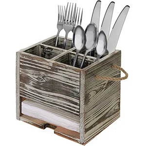 MyGift 4 Compartment Torched Wood Kitchen Dining Utensil Organizer Caddy with Napkin Holder