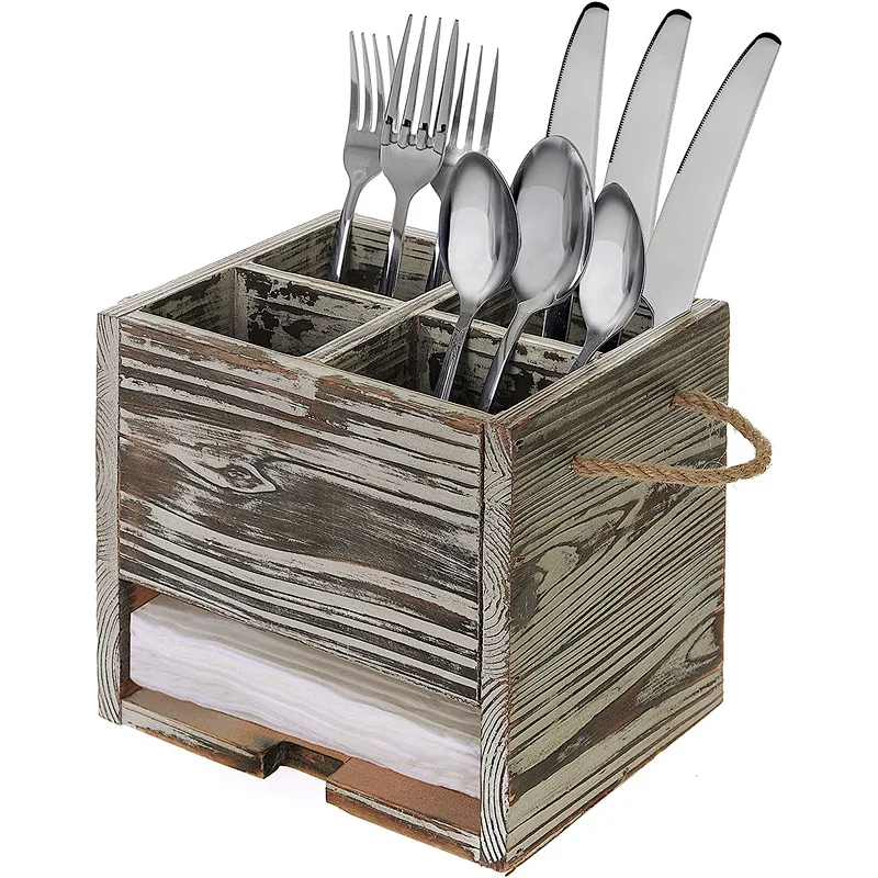 MyGift 4 Compartment Torched Wood Kitchen Dining Utensil Organizer Caddy with Napkin Holder