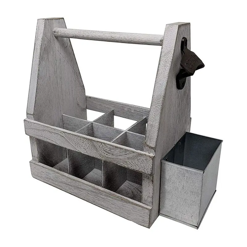 Rustic Farmhouse Wooden Beer Soda Caddy Bottle Carrier with Bottle Opener and Cap Catcher