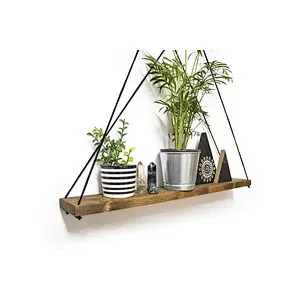 LargeWall-mounted Rack Large Shelf Black Cord Wall-mounted Rack Wooden Planter Geometric Shelves Hanging