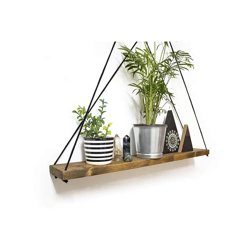 LargeWall-mounted Rack Large Shelf Black Cord Wall-mounted Rack Wooden Planter Geometric Shelves Hanging